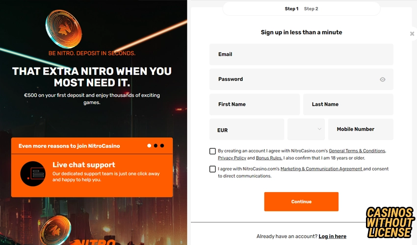 Registration at Nitro Casino 