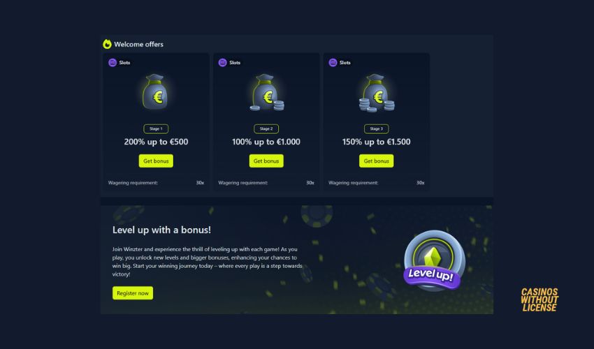 Winzter Casino Bonuses, including the welcome offer of 3500 euros